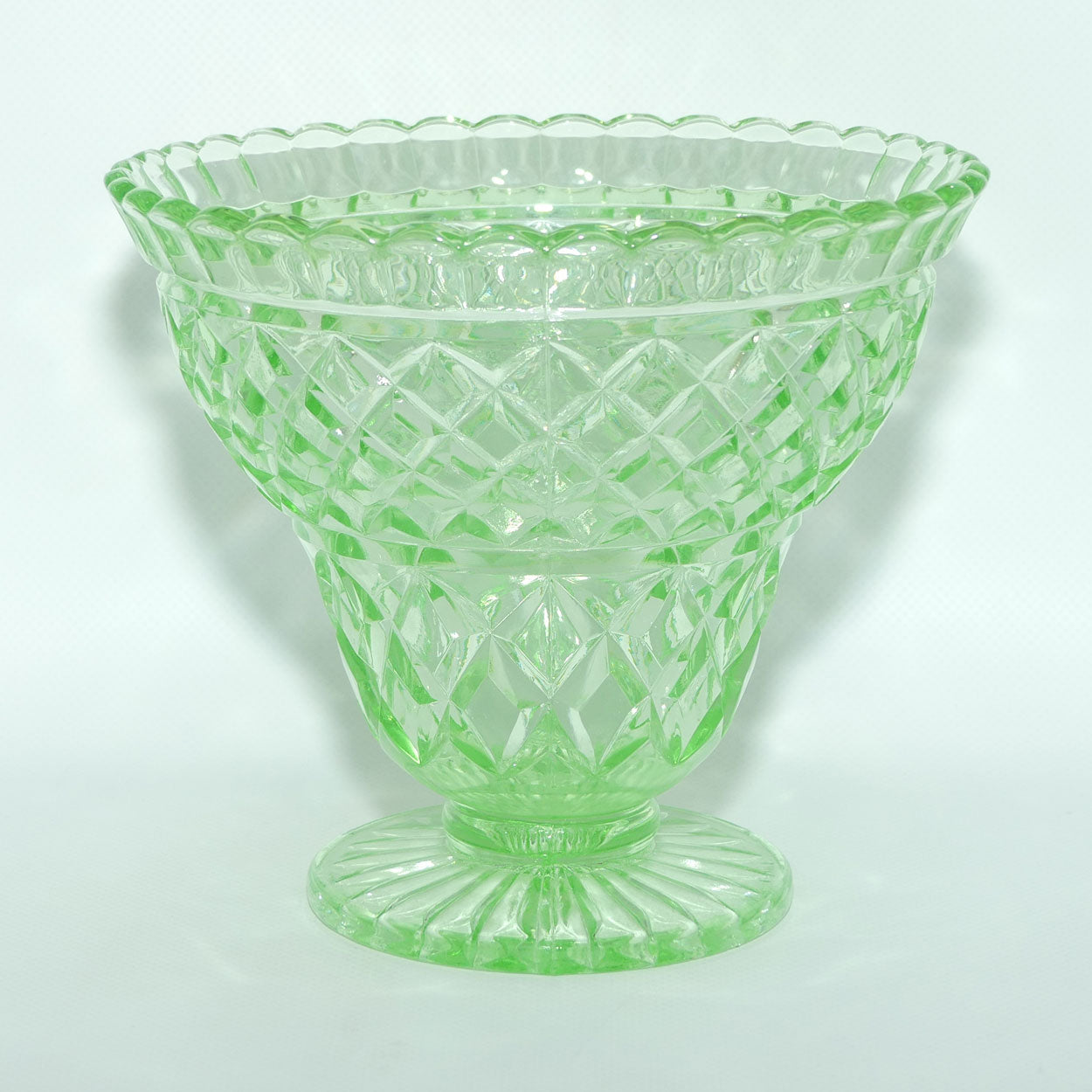 Crown Crystal Glass wide rim footed Green Glass vase | Uranium