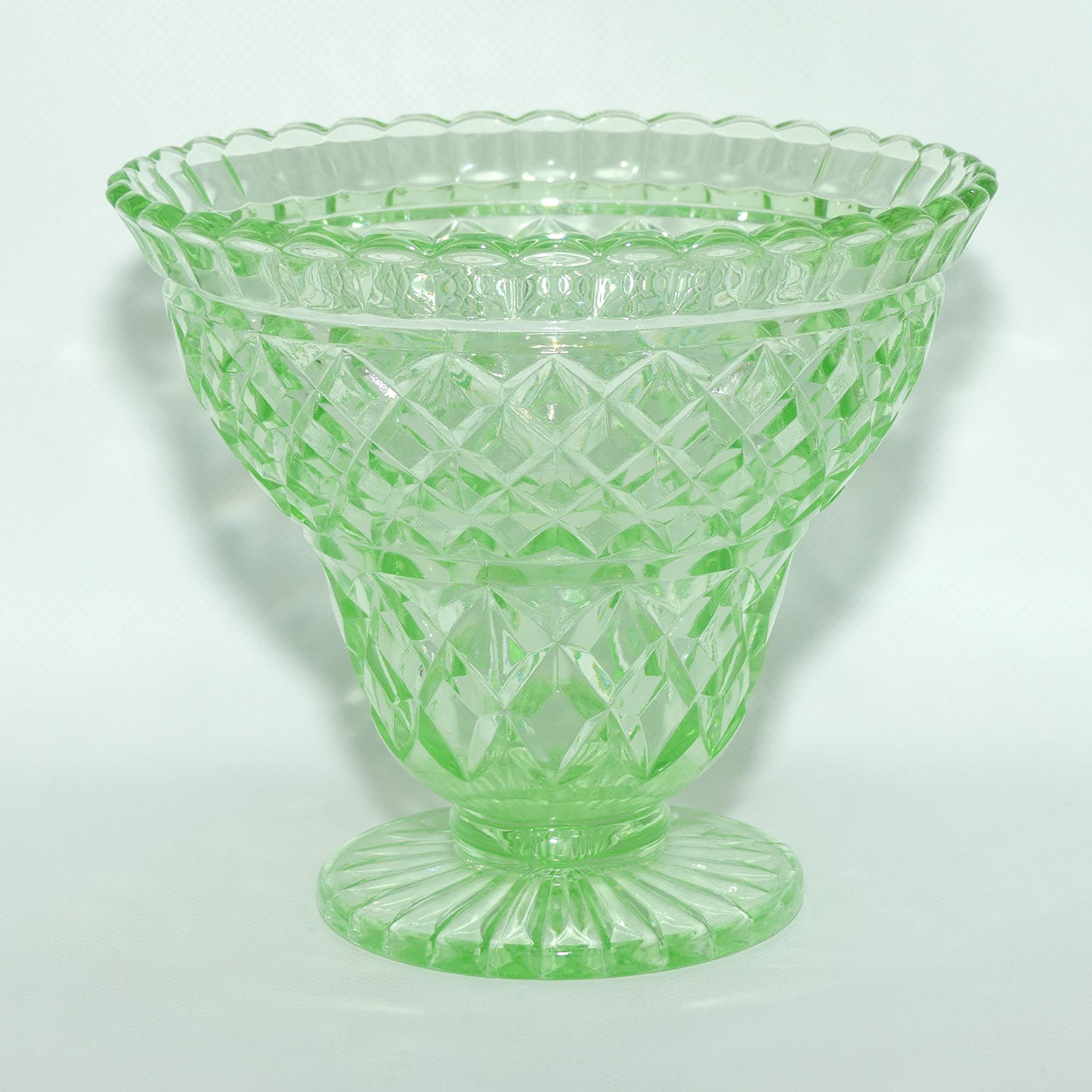 Crown Crystal Glass wide rim footed Green Glass vase | Uranium