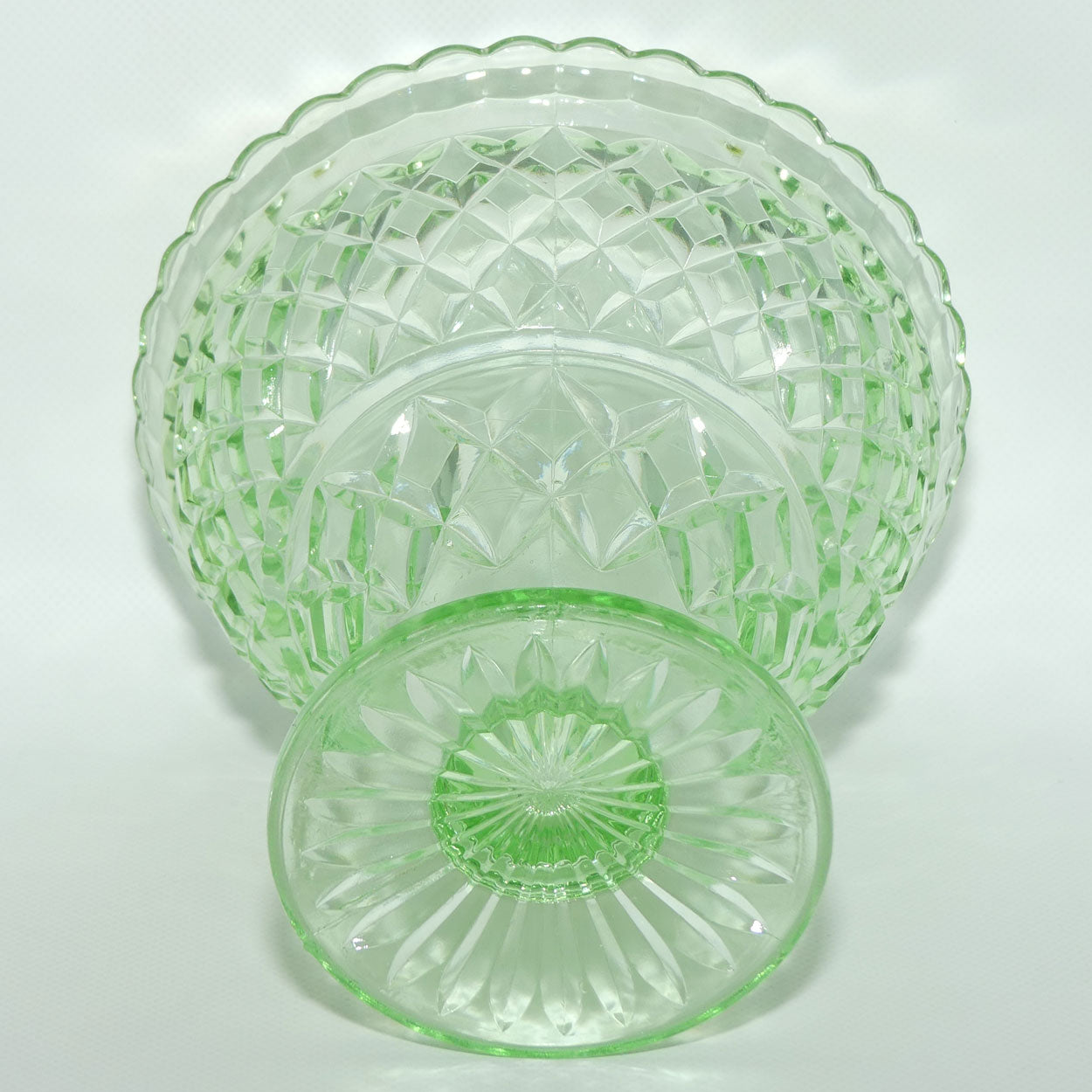 Crown Crystal Glass wide rim footed Green Glass vase | Uranium