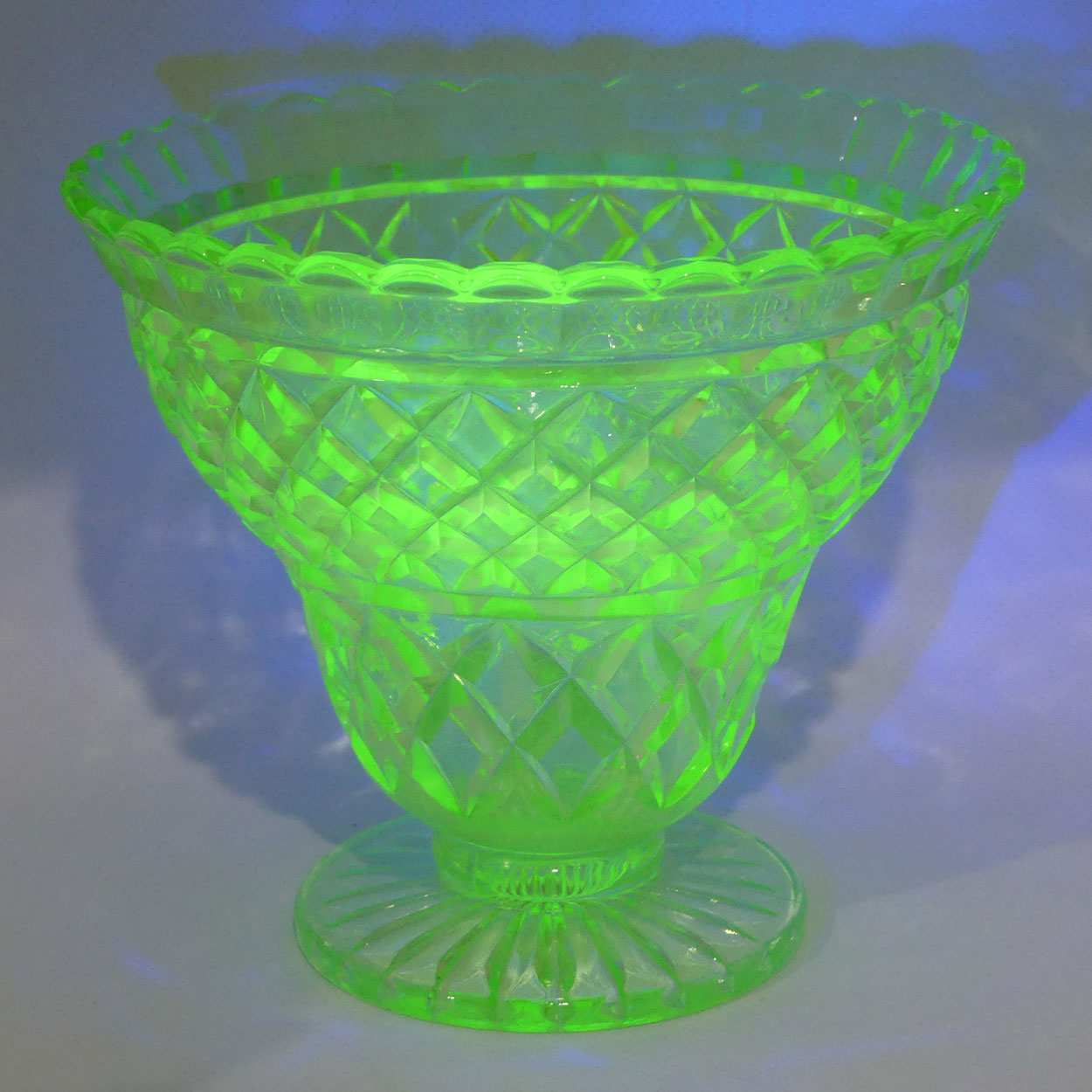 Crown Crystal Glass wide rim footed Green Glass vase | Uranium