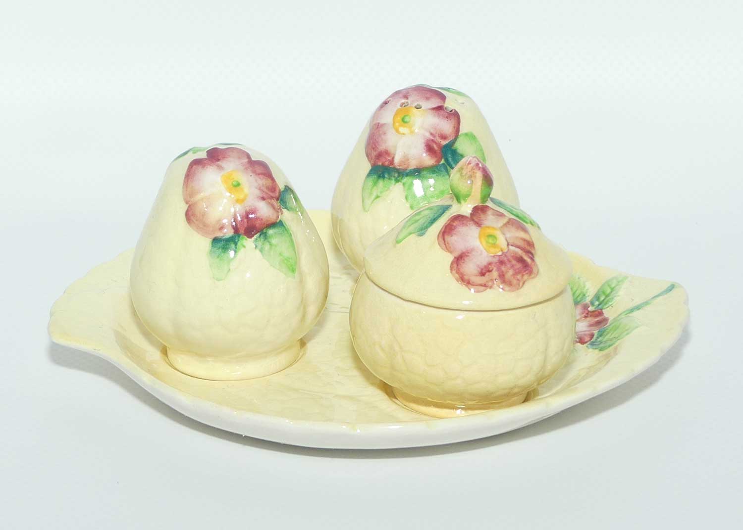Carlton Ware Wild Rose three piece cruet set on tray
