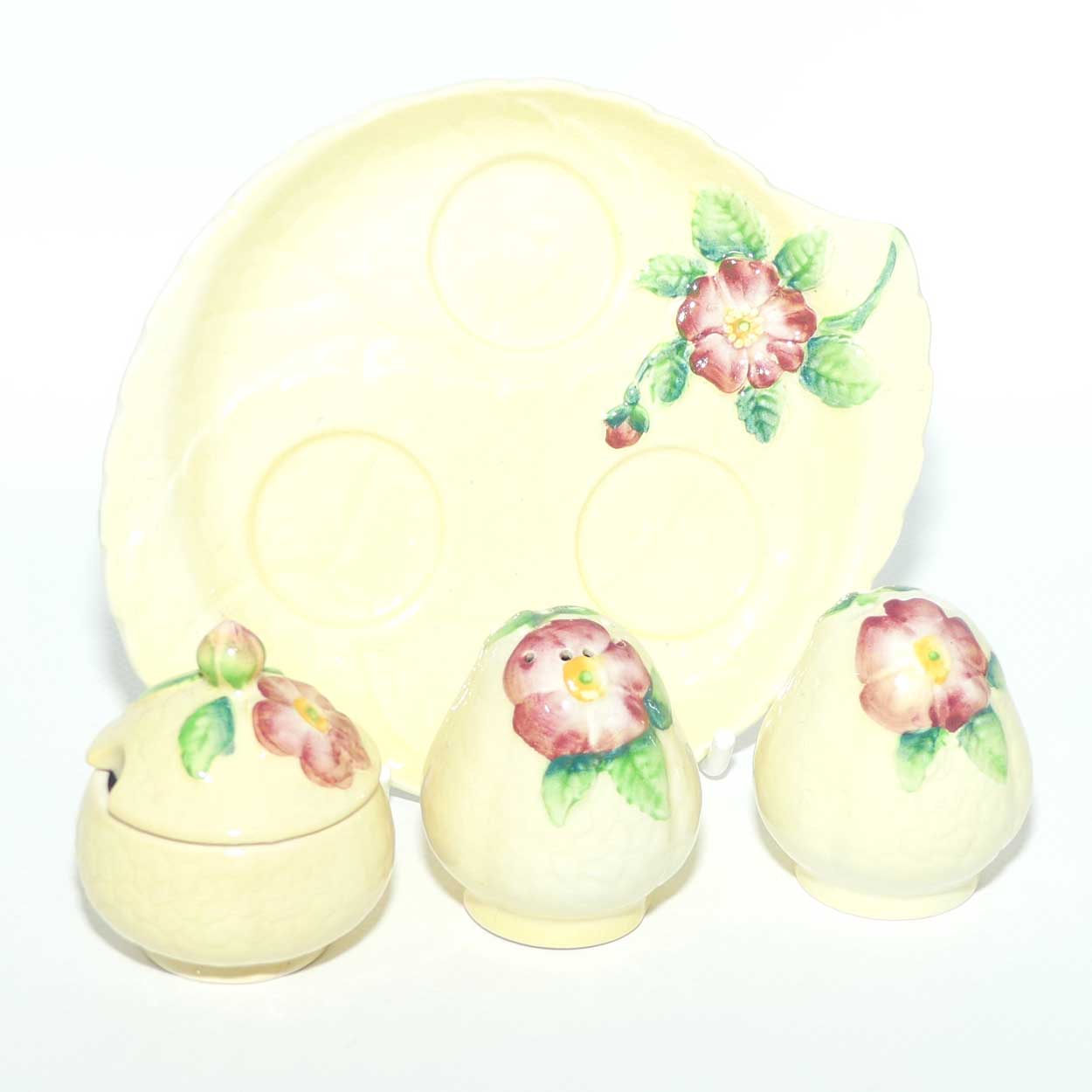 Carlton Ware Wild Rose three piece cruet set on tray