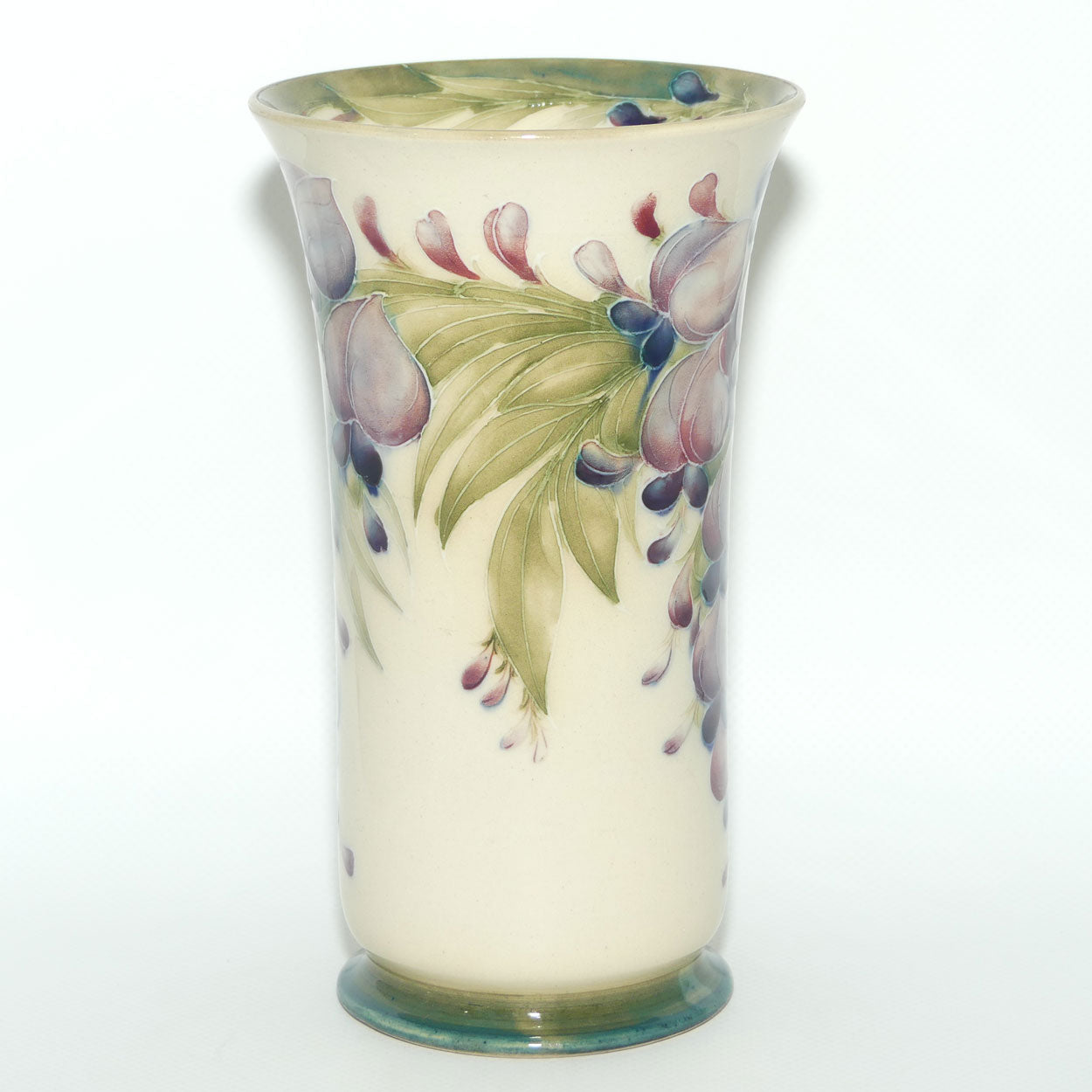 James MacIntyre & Co William Moorcroft Wisteria on White Ground trumpet vase with Inner Rim decoration