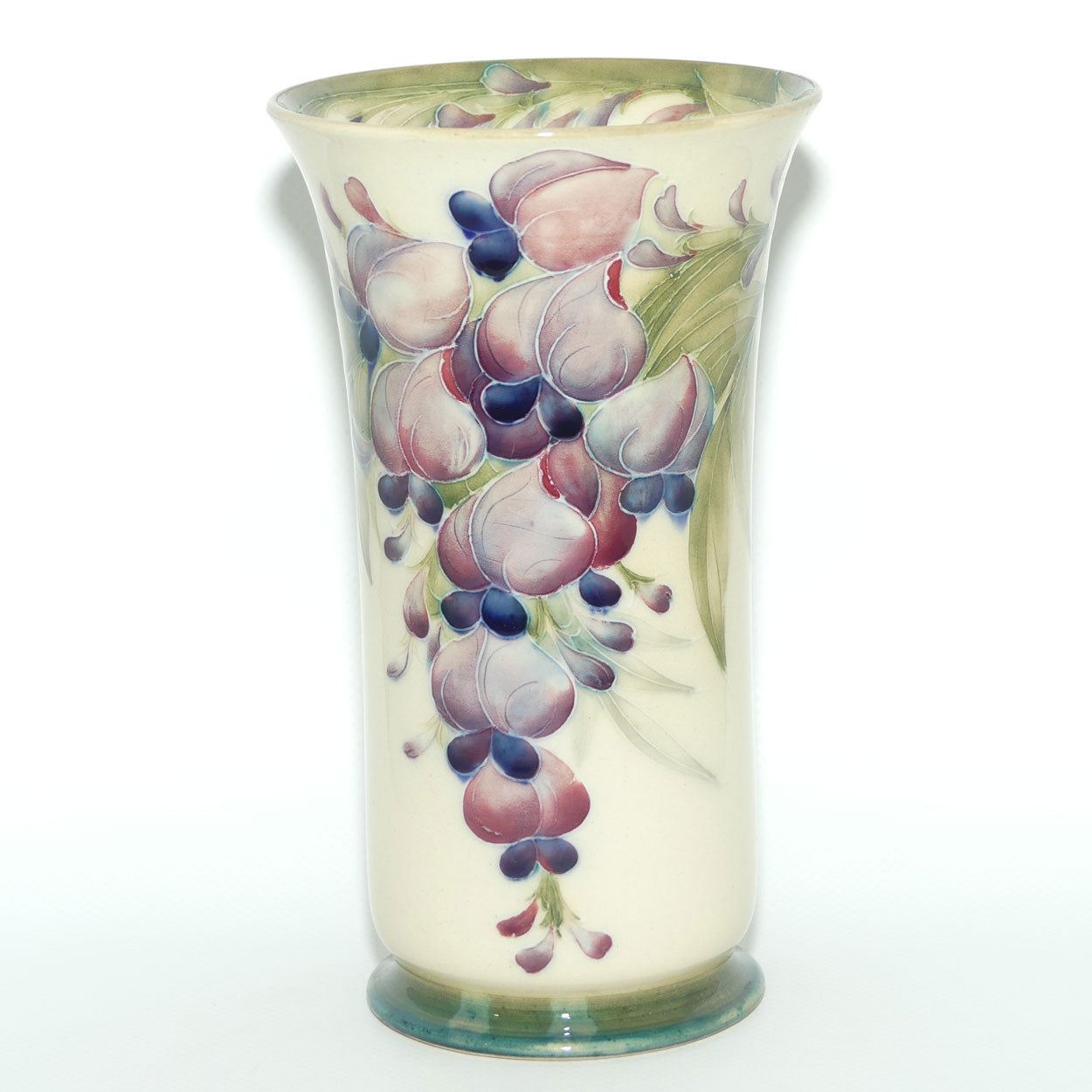 James MacIntyre & Co William Moorcroft Wisteria on White Ground trumpet vase with Inner Rim decoration