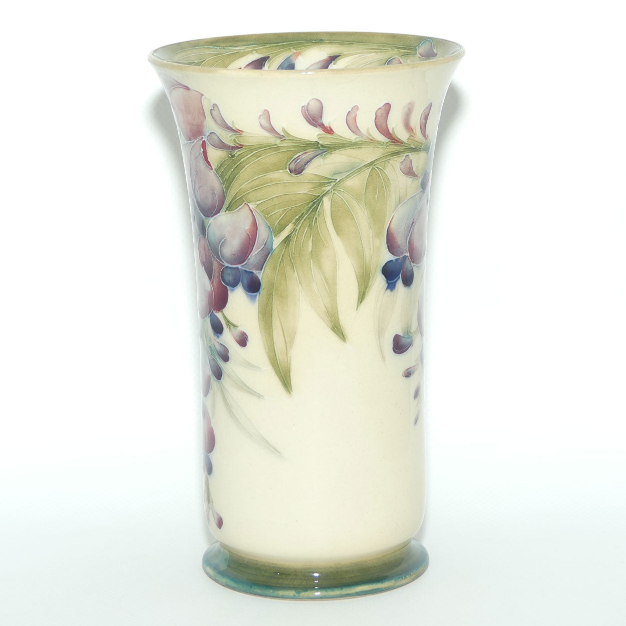 James MacIntyre & Co William Moorcroft Wisteria on White Ground trumpet vase with Inner Rim decoration