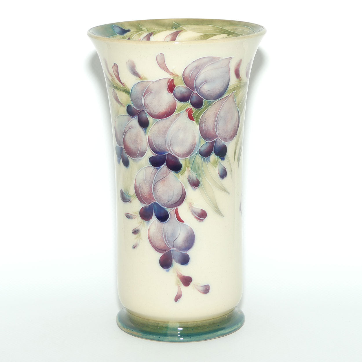 James MacIntyre & Co William Moorcroft Wisteria on White Ground trumpet vase with Inner Rim decoration