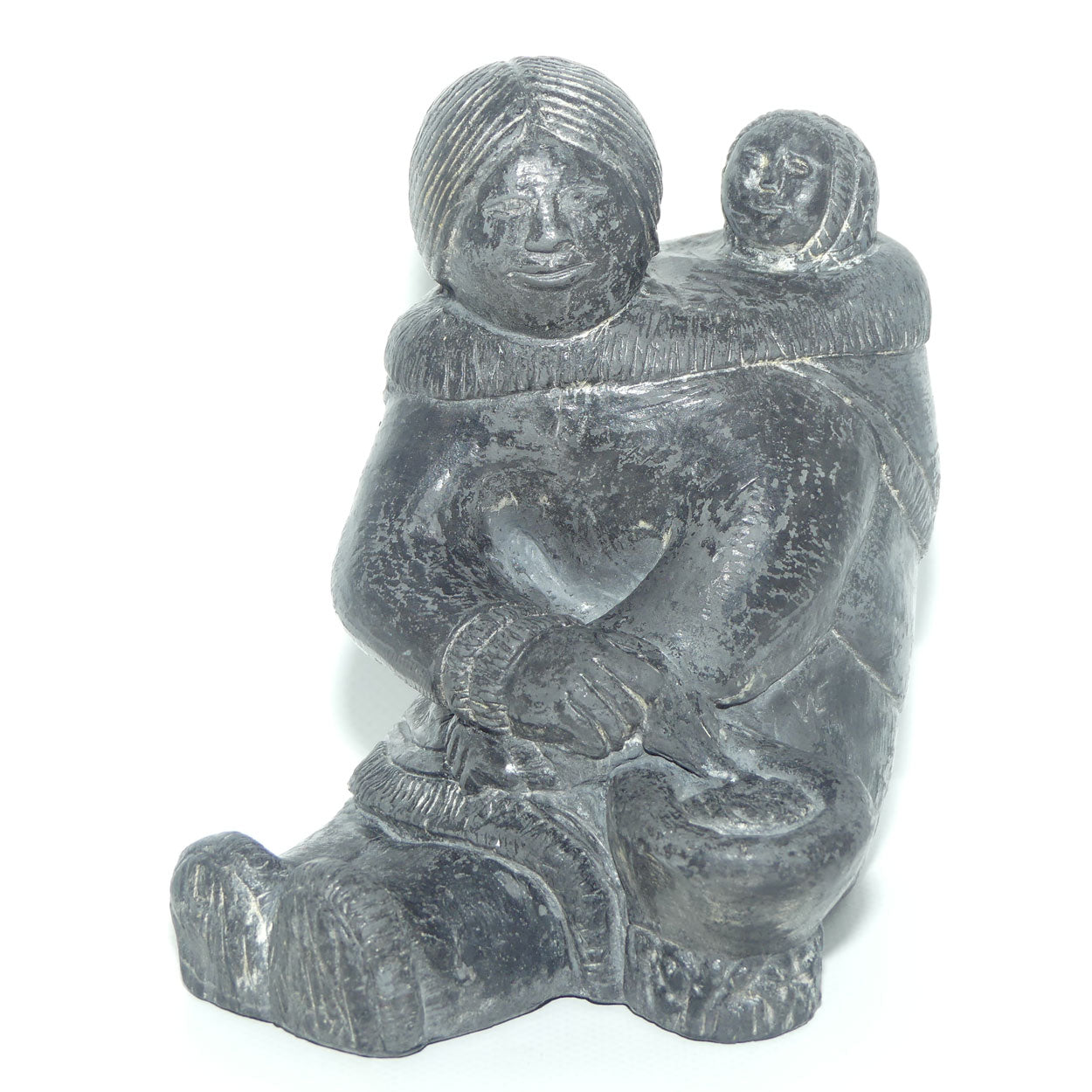 The Wolf Sculptures | Inuit Stone Carving | Eskimo Mother and Child | signed