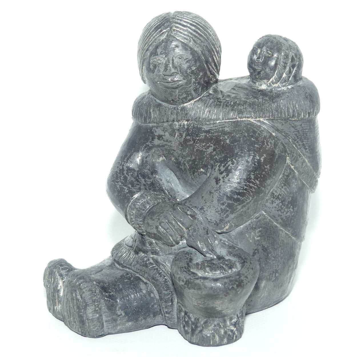 The Wolf Sculptures | Inuit Stone Carving | Eskimo Mother and Child | signed