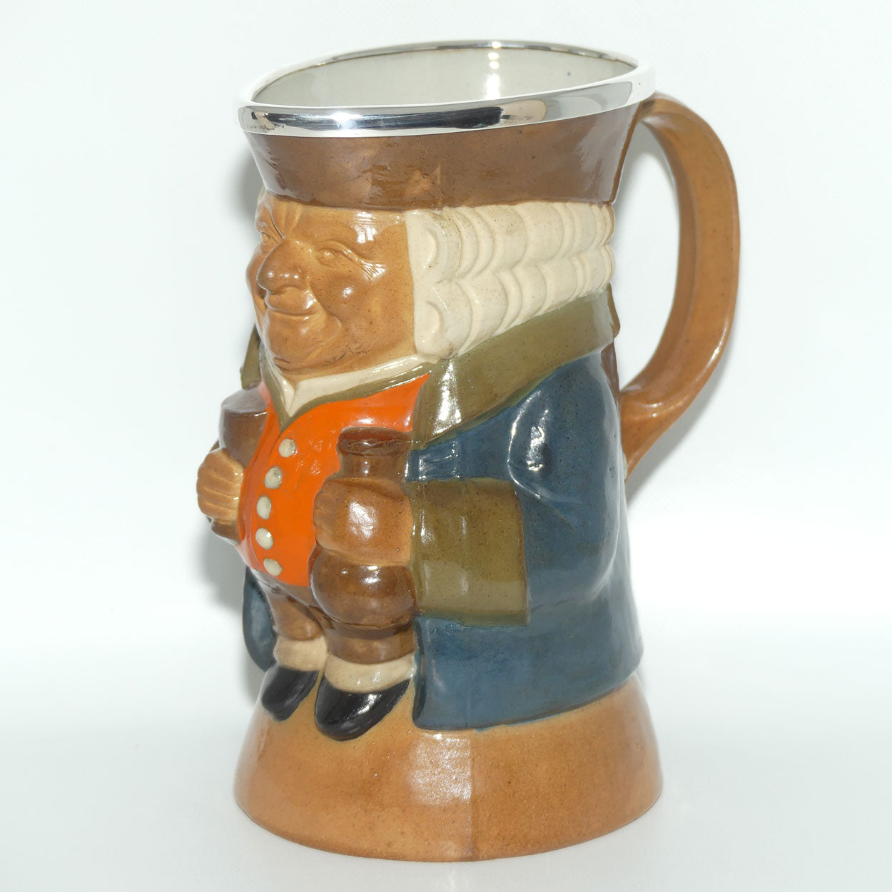 X8572 Royal Doulton Lambeth Harry Simeon The Standing Man Medium toby | Smiling Face, Orange Waistcoat, Blue Jacket | Silver Rim