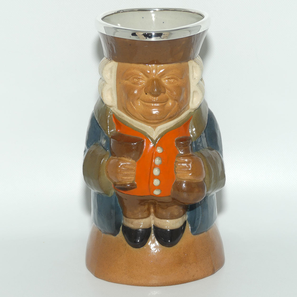 X8572 Royal Doulton Lambeth Harry Simeon The Standing Man Medium toby | Smiling Face, Orange Waistcoat, Blue Jacket | Silver Rim