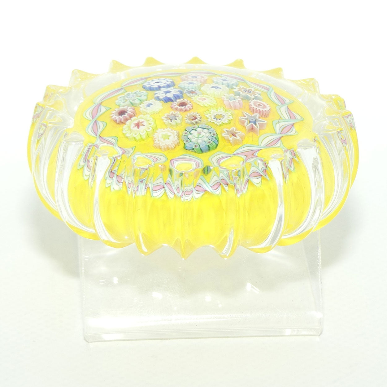 John Deacons Scotland Millefiori Closepack and Torsade Ribbed paperweight | Yellow