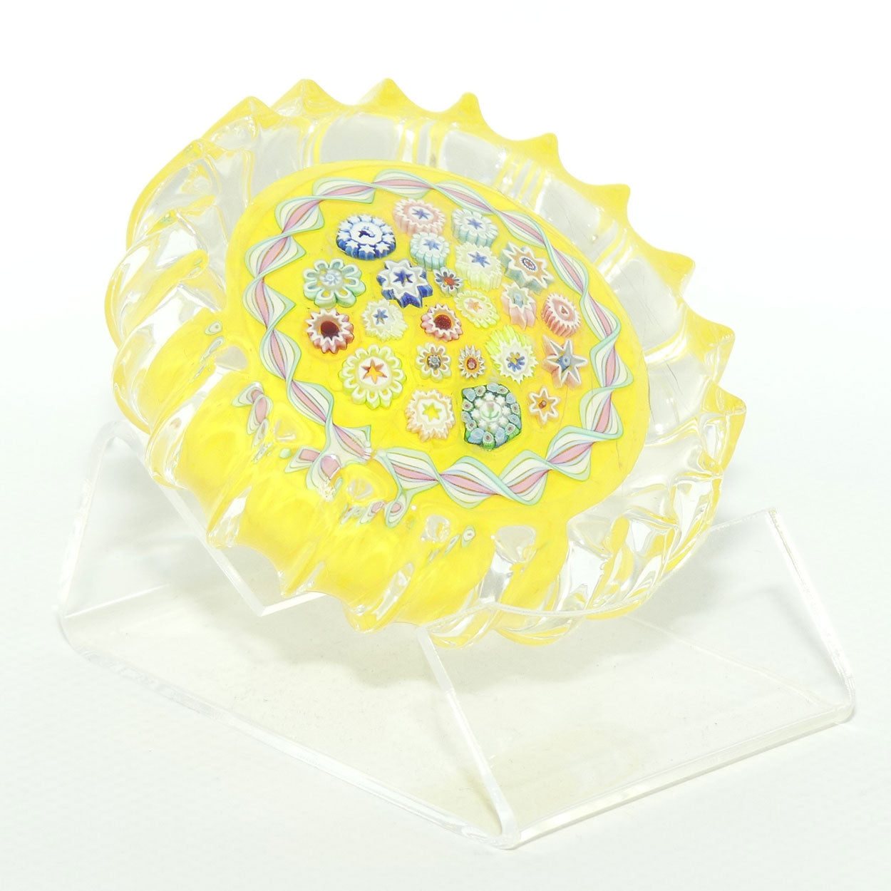 John Deacons Scotland Millefiori Closepack and Torsade Ribbed paperweight | Yellow