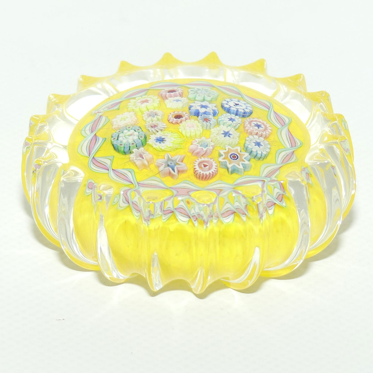 John Deacons Scotland Millefiori Closepack and Torsade Ribbed paperweight | Yellow
