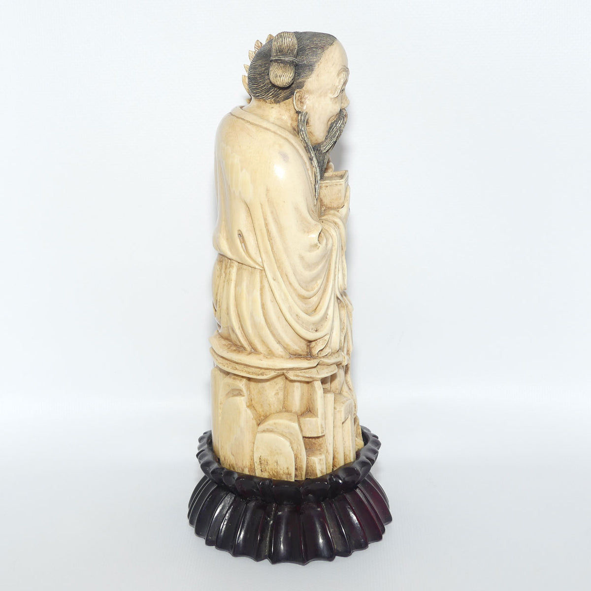 Exceptional Carved Ivory figure on Rosewood base depicting Immortal Zhongli Quan