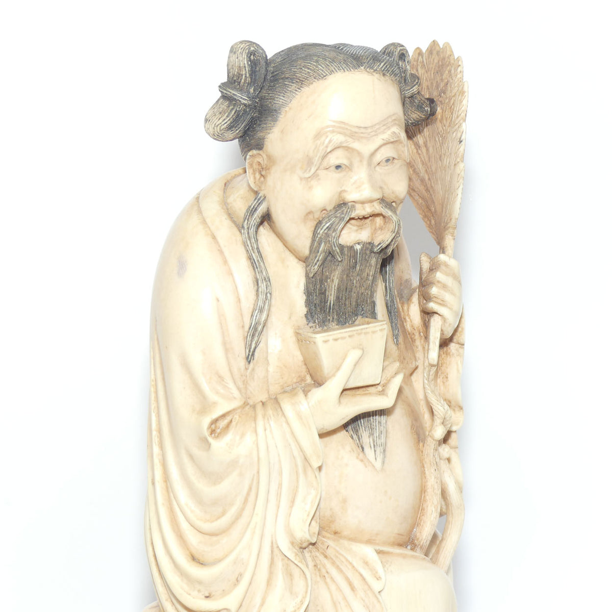 Exceptional Carved Ivory figure on Rosewood base depicting Immortal Zhongli Quan