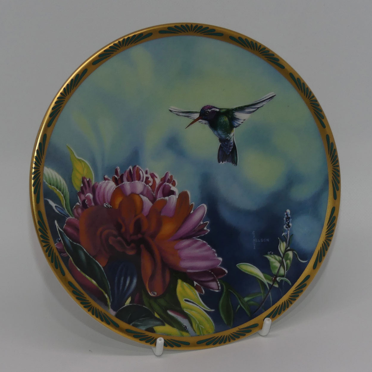 bradex-84-p29-22-6-plate-gems-of-nature-white-eared-hummingbird-and-peonies