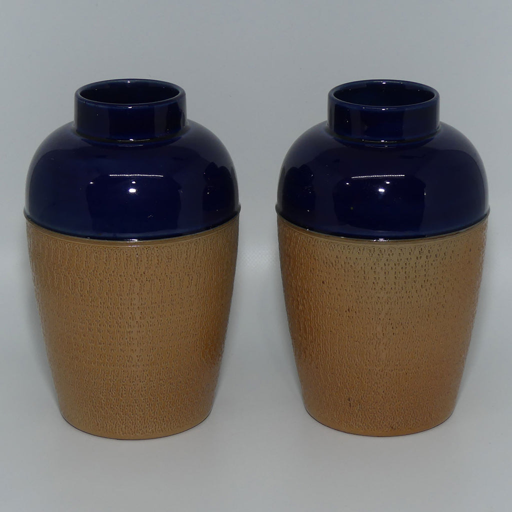 Royal Doulton pair of small stoneware vases with stippled finish | Blue tops | 7360