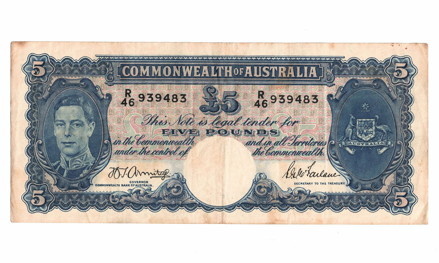 1941 R46 Commonwealth of Australia 5 Pound | Armitage McFarlane | R46 939483 | EF
