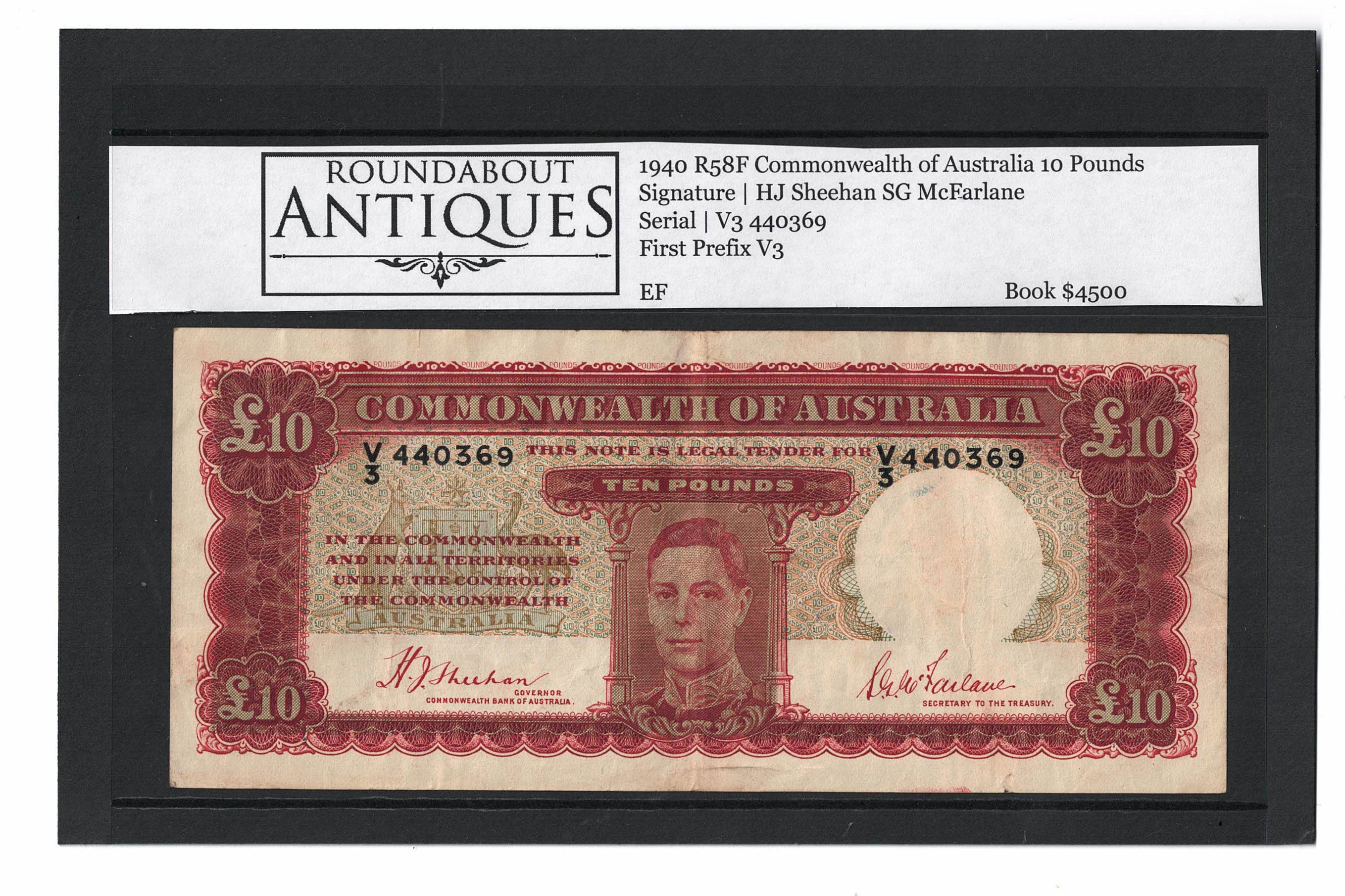 1940 R58F Commonwealth of Australia 10 Pound | Sheehan McFarlane | V3 440369 | EF