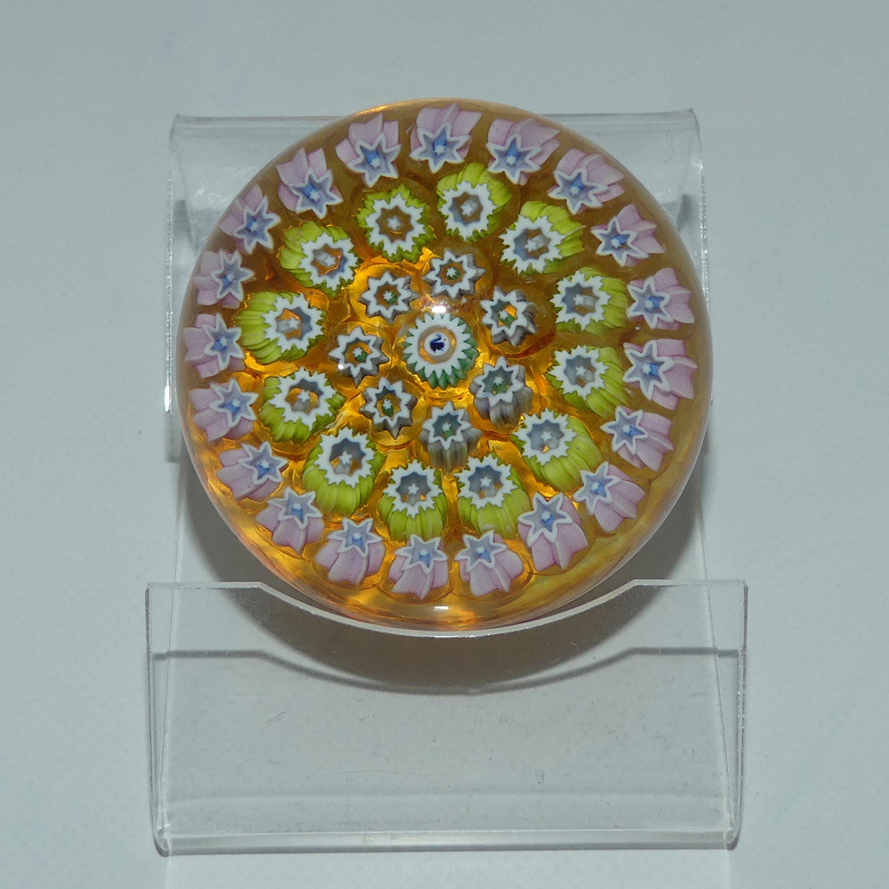 john-deacons-scotland-millefiori-silhouette-cane-miniature-paperweight-amber