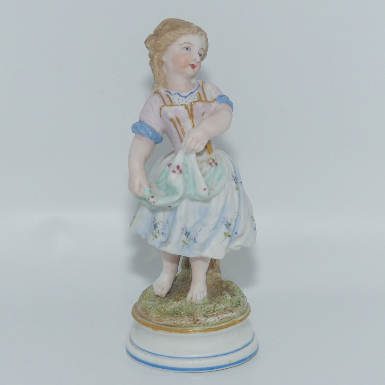 German Bisque Girl with Floral decorated dress and Gilt Decor c.1900