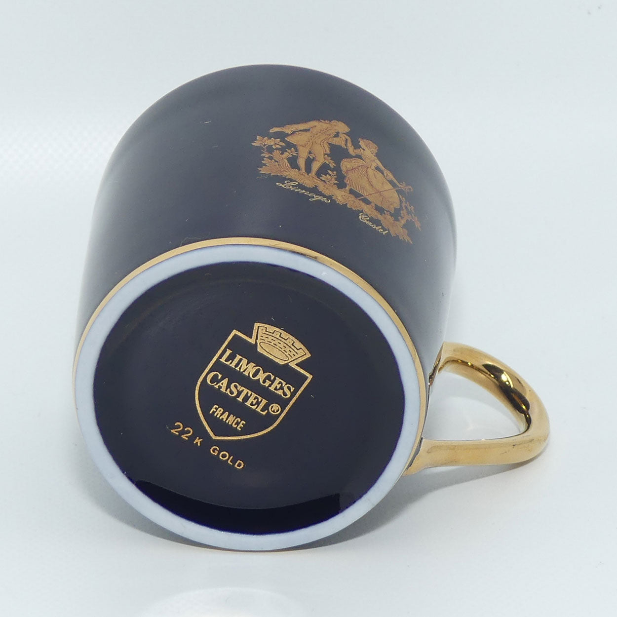 Limoges Castel France Blue and Gilt demi tasse duo