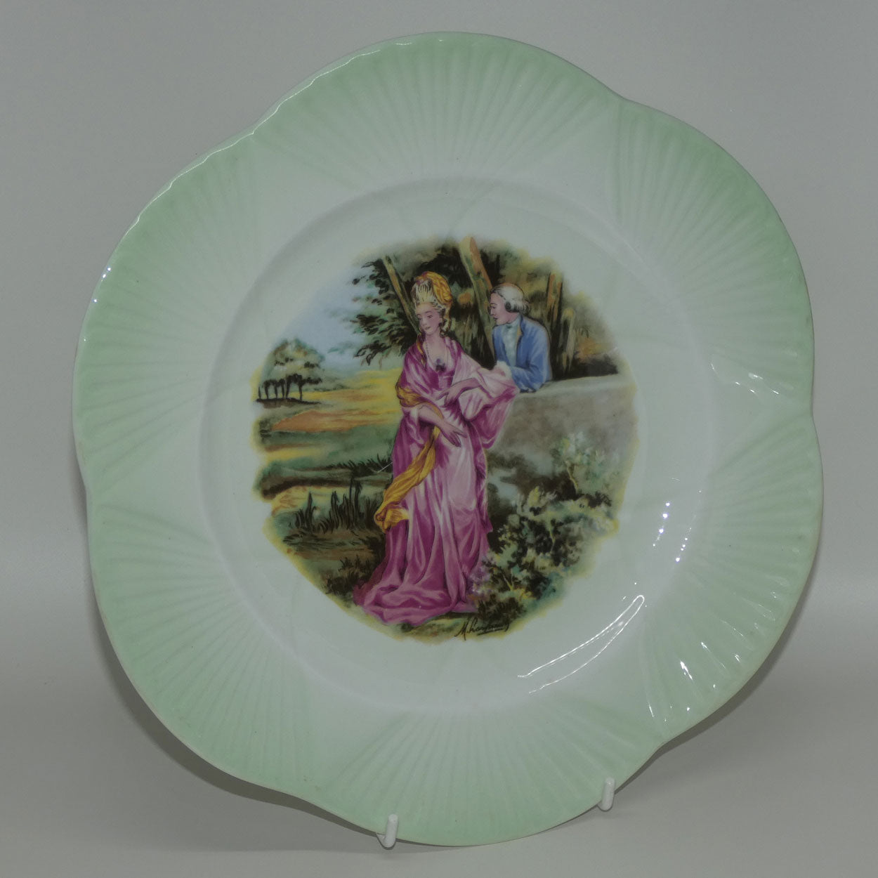 shelley-england-courting-scene-plate-lady-standing-green-border-dainty