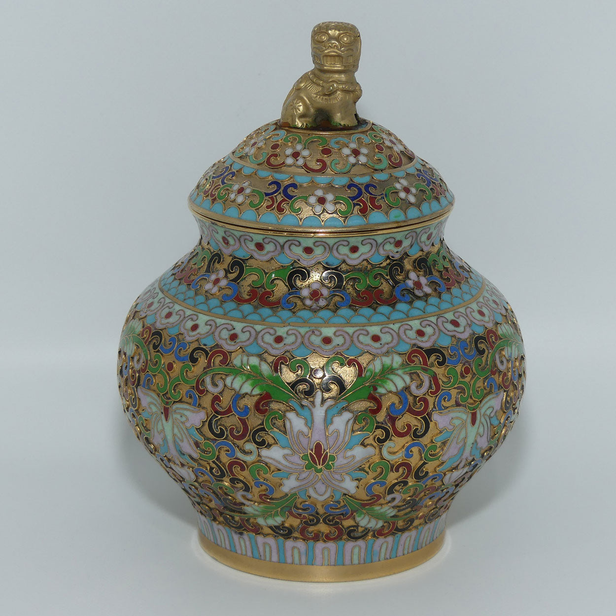 Mid Century Cloisonne on Brass Lidded Pot | Temple Dog Finial