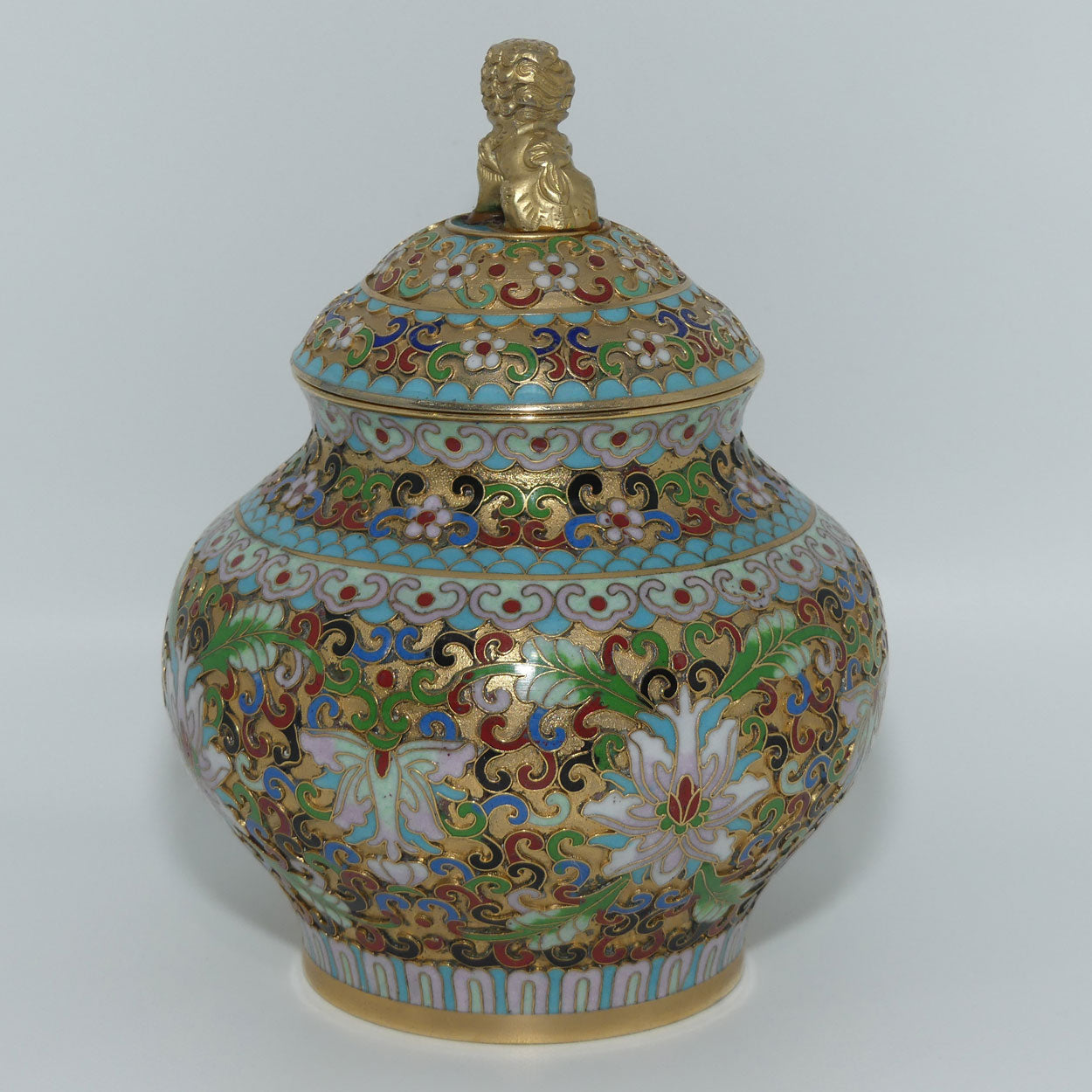 Mid Century Cloisonne on Brass Lidded Pot | Temple Dog Finial