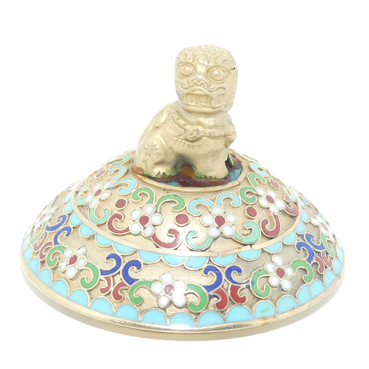 Mid Century Cloisonne on Brass Lidded Pot | Temple Dog Finial