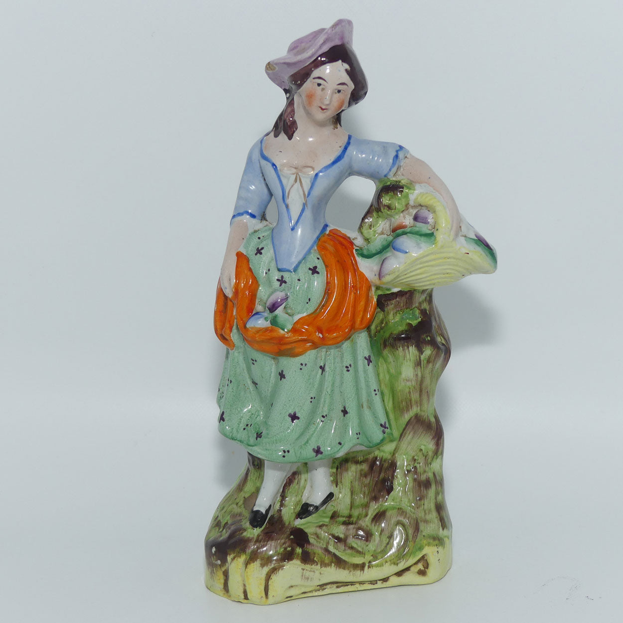 19th Cent Staffordshire Pottery Pair of Flatback Figures | Man with Dog | Lady with Basket
