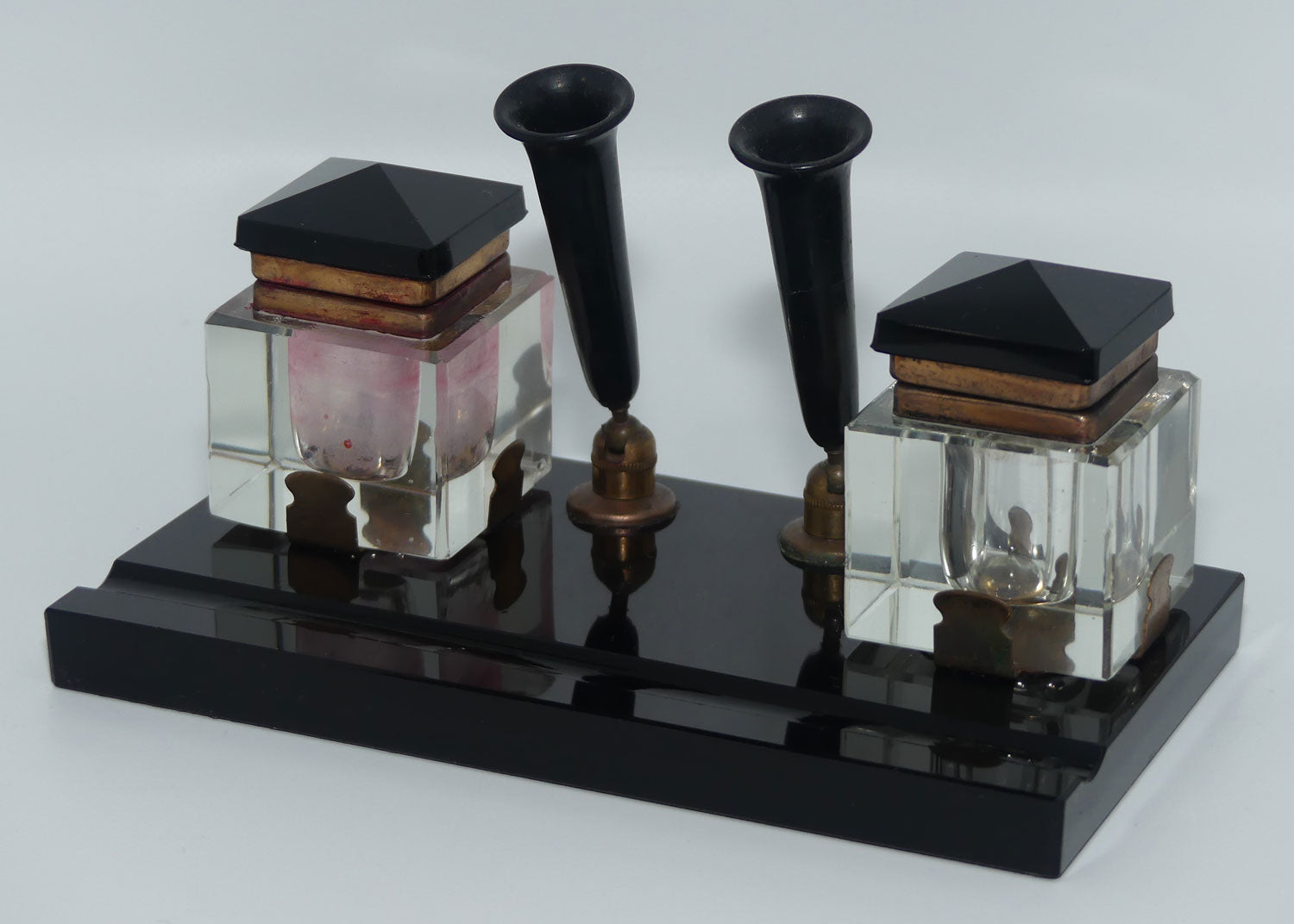 Art Deco Jet Glass, Crystal and Bakelite twin inkwell desk set