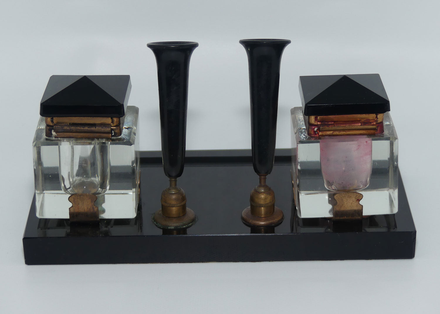 Art Deco Jet Glass, Crystal and Bakelite twin inkwell desk set