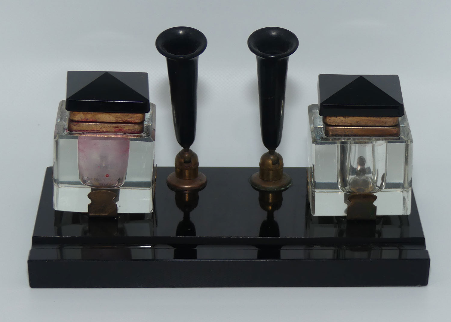 Art Deco Jet Glass, Crystal and Bakelite twin inkwell desk set