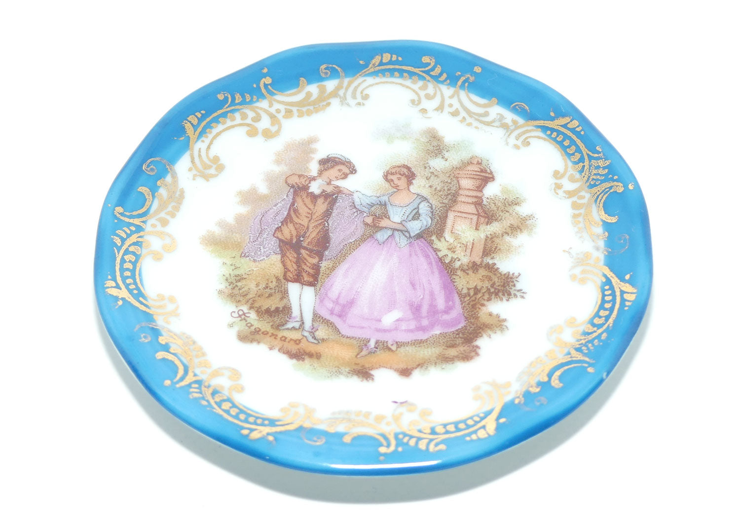 Limoges France Traditional Courting Couple miniature plate | 7cm | Blue Border Gilt Decor