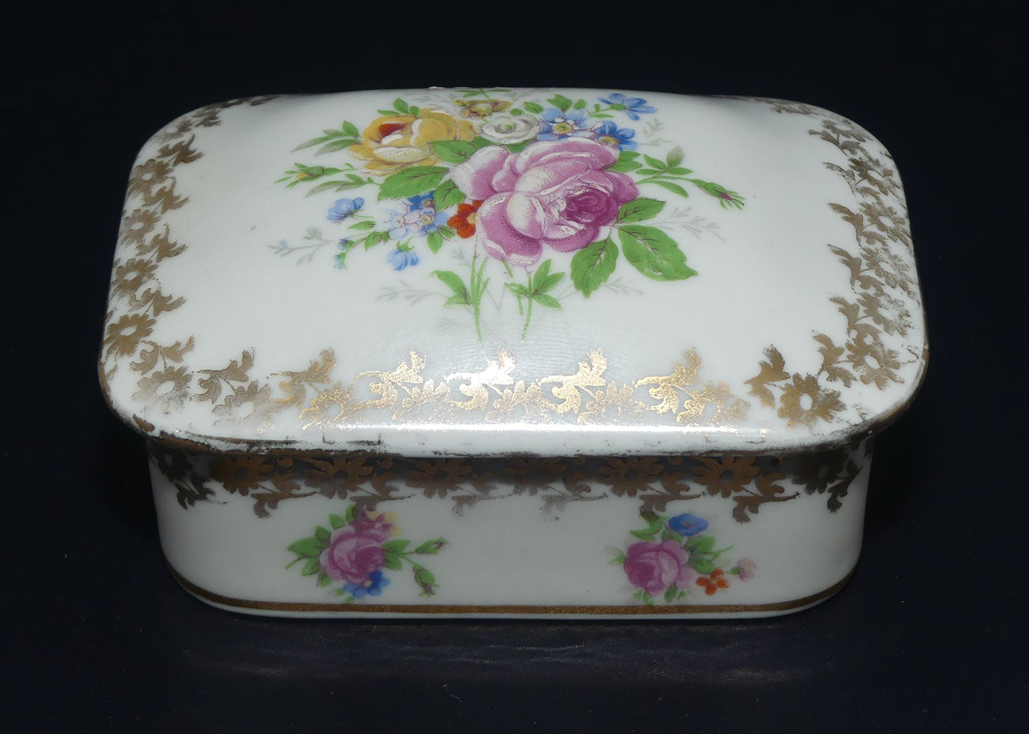 Limoges France Floral decorated gilt trim rectangular trinket box