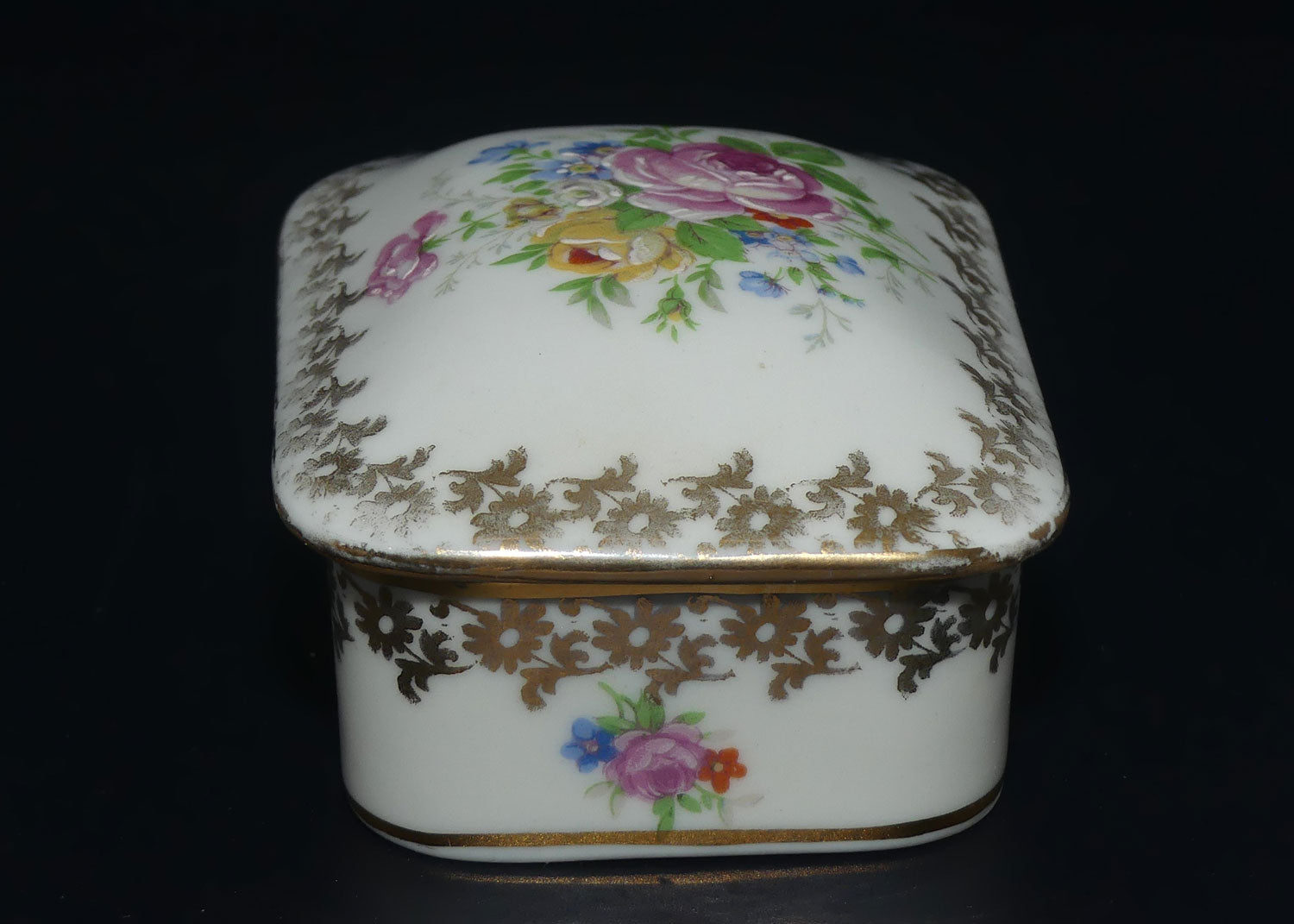 Limoges France Floral decorated gilt trim rectangular trinket box