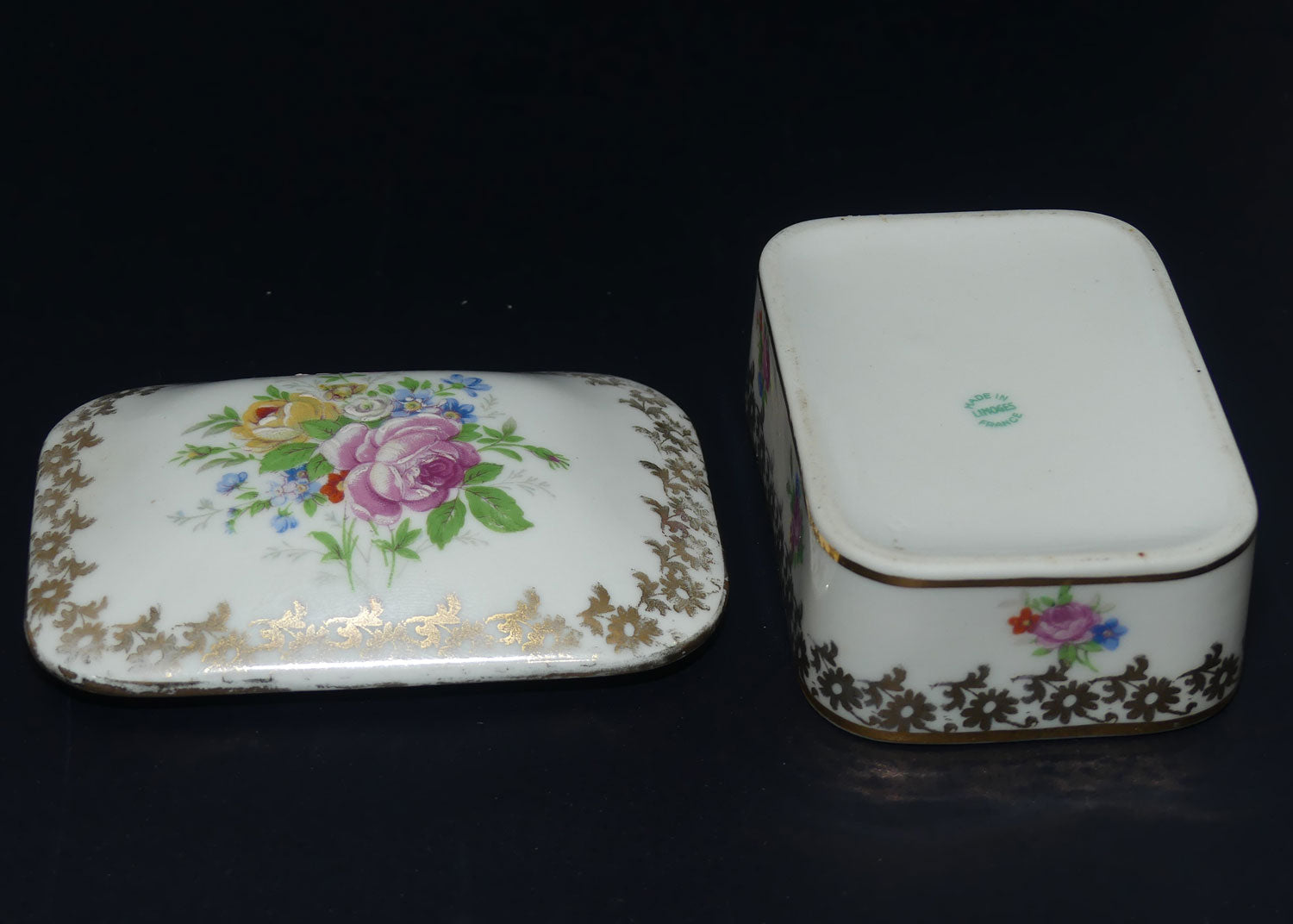 Limoges France Floral decorated gilt trim rectangular trinket box