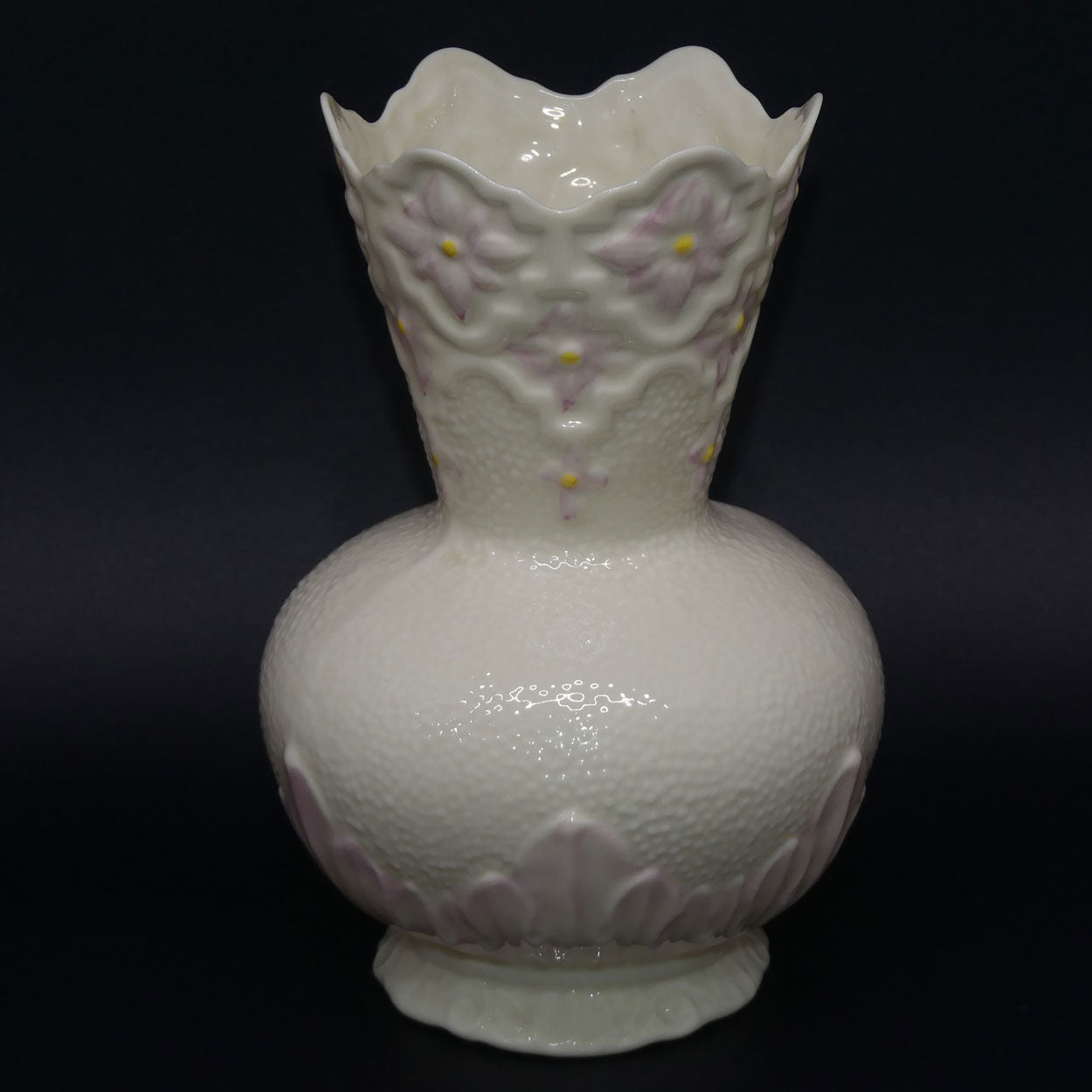 belleek-embossed-floral-pattern-vase-gold-mark