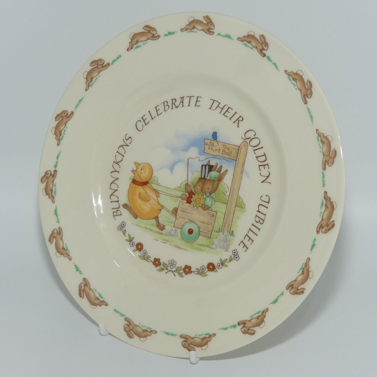 Royal Doulton Bunnykins Tableware Chicken Pulling a Cart plate | Bunnykins Celebrate their Golden Jubilee