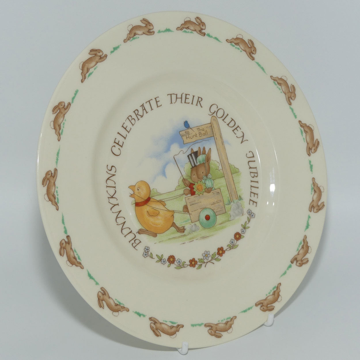 Royal Doulton Bunnykins Tableware Chicken Pulling a Cart plate | Bunnykins Celebrate their Golden Jubilee
