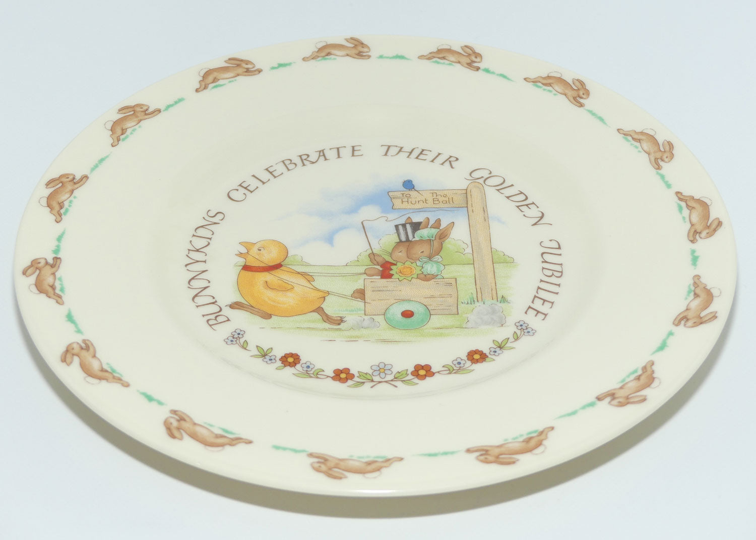 Royal Doulton Bunnykins Tableware Chicken Pulling a Cart plate | Bunnykins Celebrate their Golden Jubilee