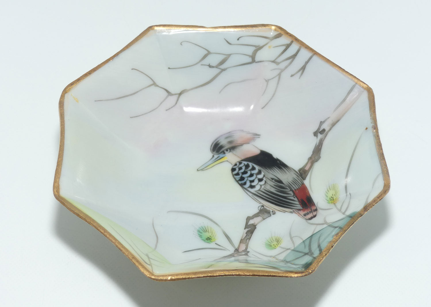 Australiana | Kookaburra in Tree gilt trim octagonal bowl | Nippon