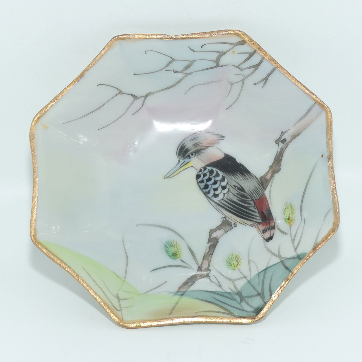 Australiana | Kookaburra in Tree gilt trim octagonal bowl | Nippon