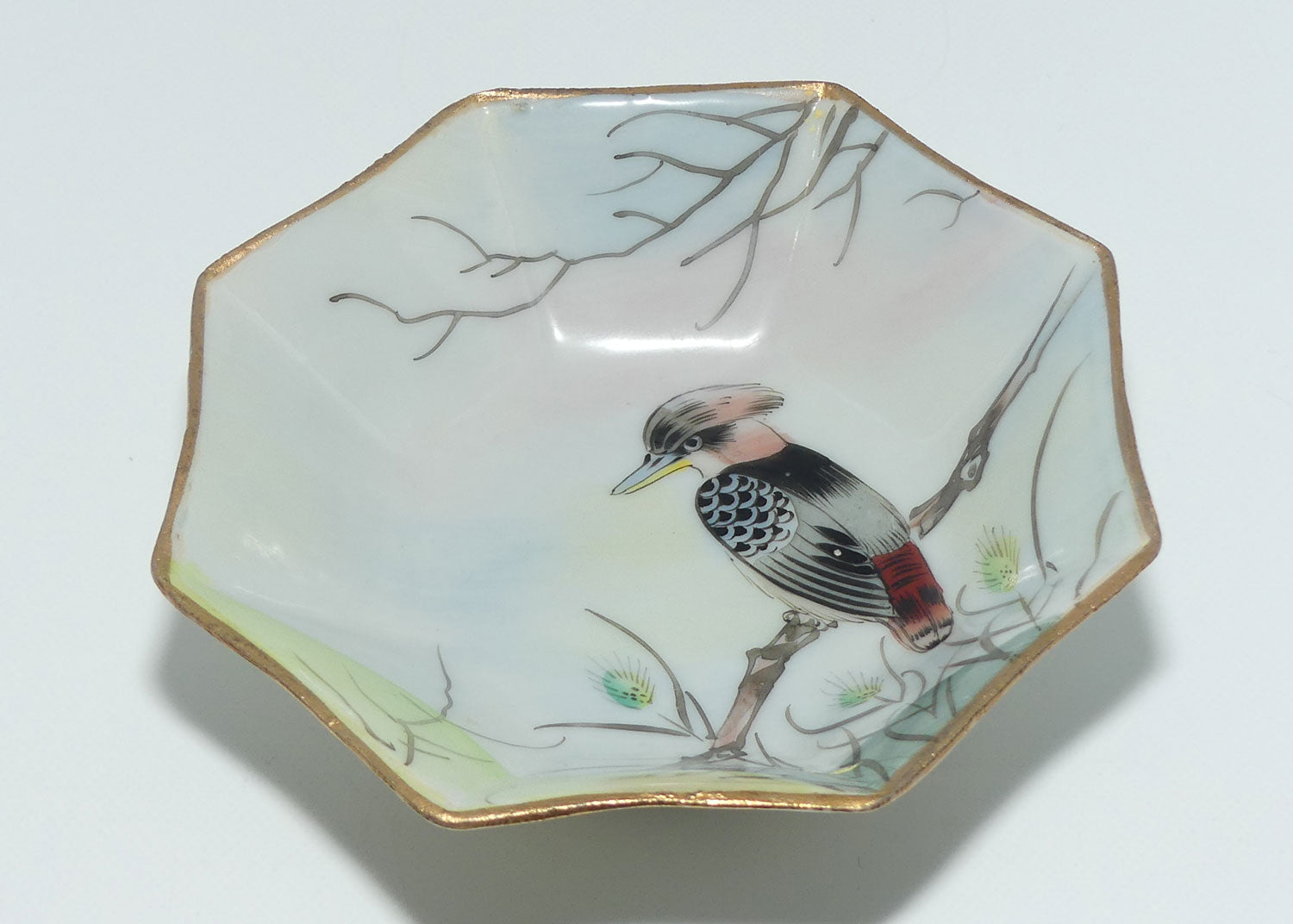 Australiana | Kookaburra in Tree gilt trim octagonal bowl | Nippon