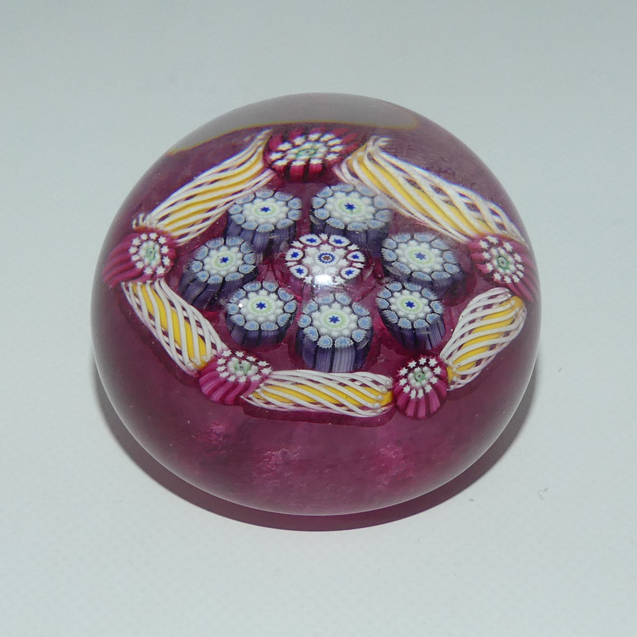 john-deacons-scotland-complex-latticino-garland-miniature-paperweight-cranberry