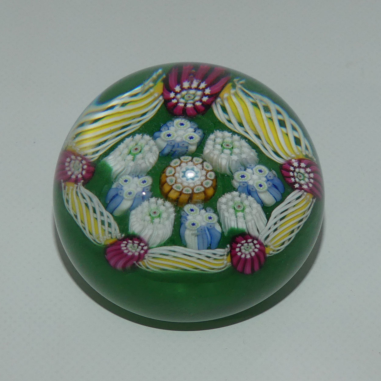 john-deacons-scotland-complex-latticino-garland-miniature-paperweight-emerald
