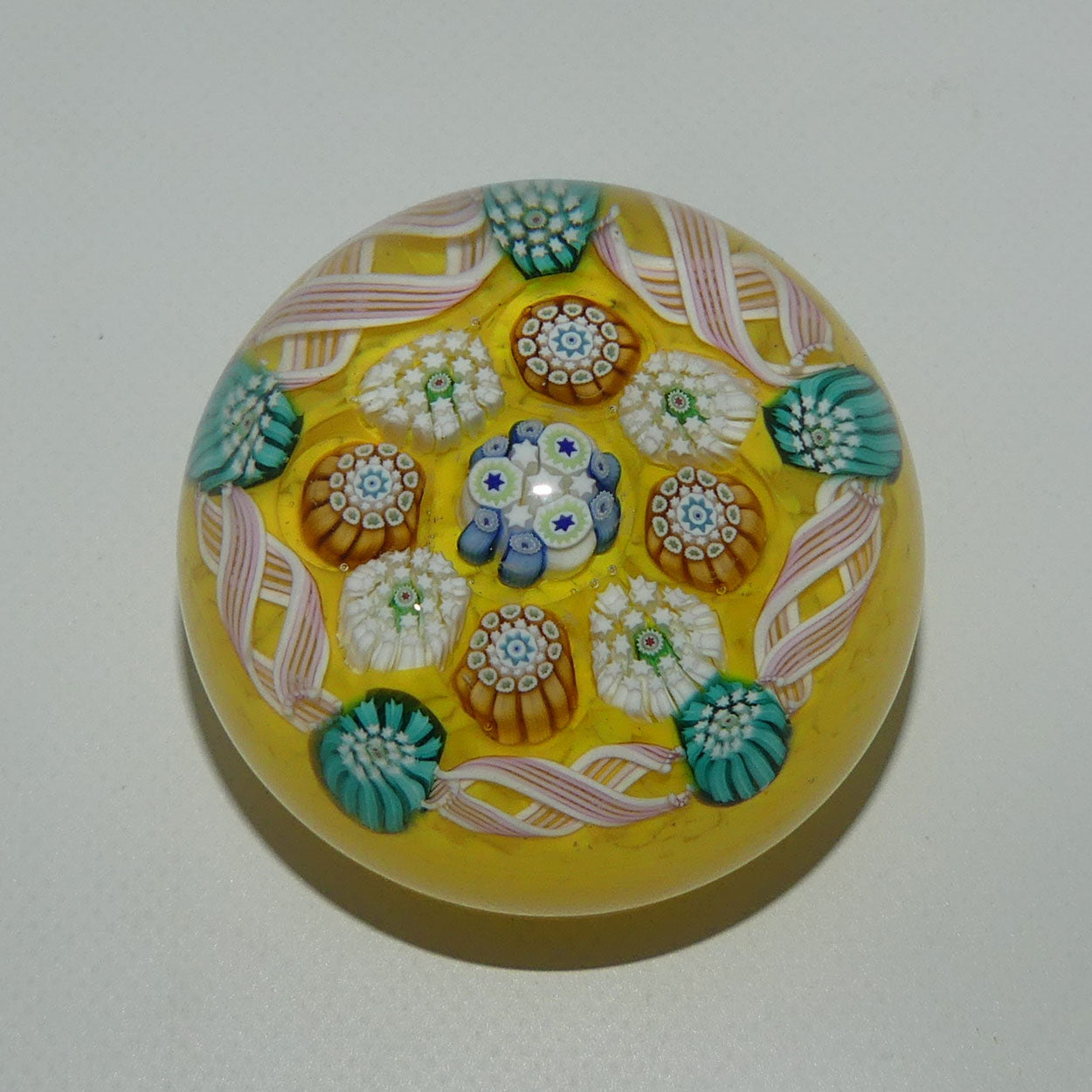 john-deacons-scotland-complex-latticino-garland-miniature-paperweight-yellow