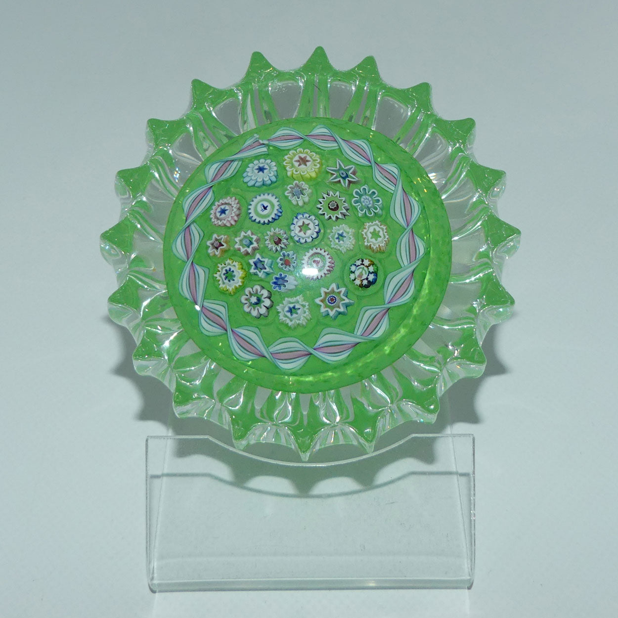 john-deacons-scotland-millefiori-closepack-and-torsade-ribbed-paperweight-lime