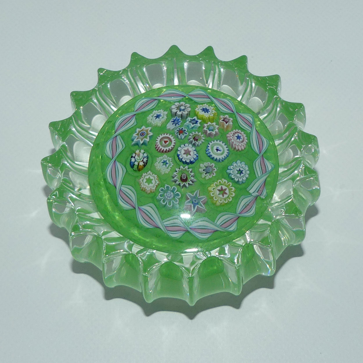 john-deacons-scotland-millefiori-closepack-and-torsade-ribbed-paperweight-lime